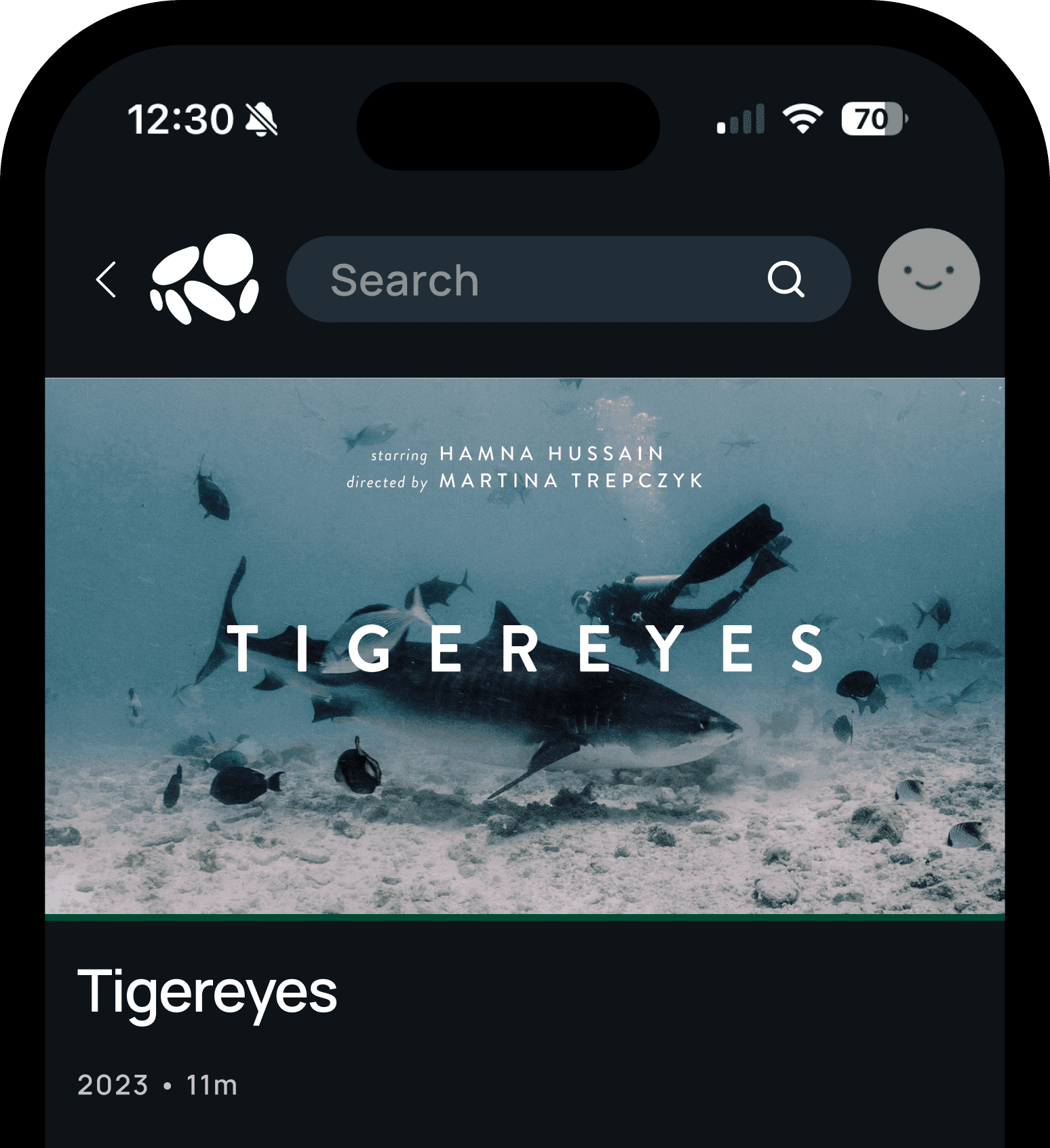 WaterBear mobile app shown on an iPhone for streaming documentaries on the go